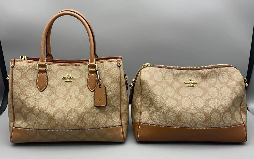 Side by side comparison of real and fake Coach bag hardware and stitching