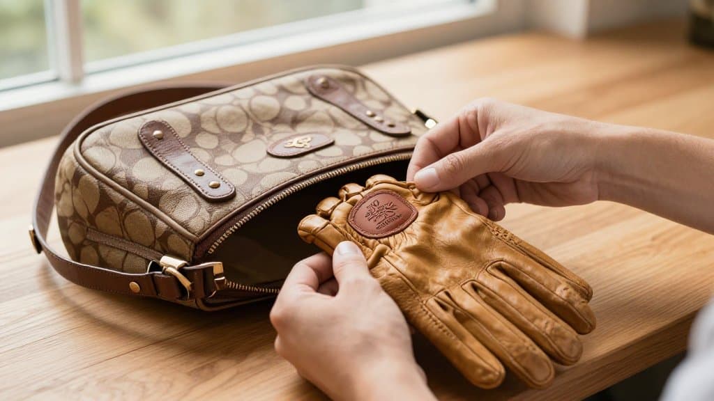 Hands checking the creed inside a vintage Coach bag to tell if a Coach bag is real