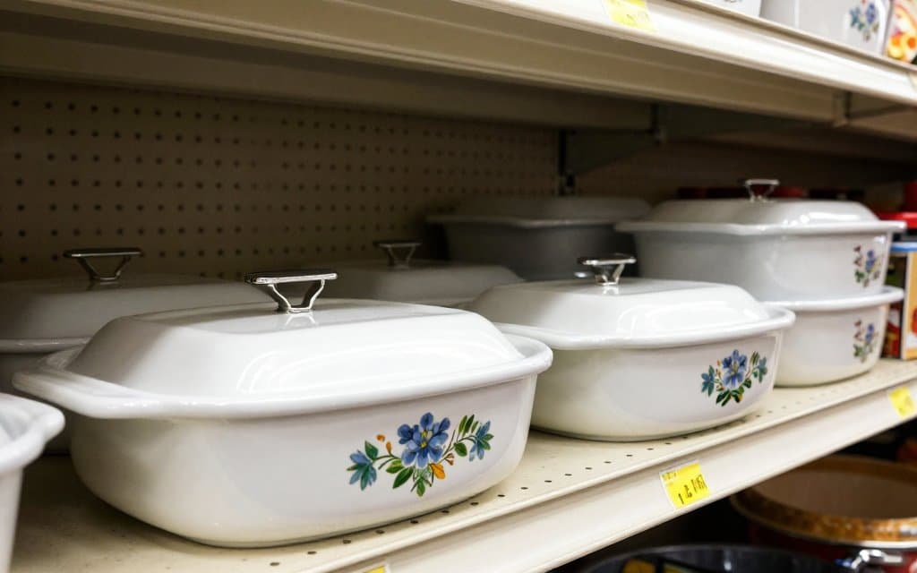 Vintage CorningWare casseroles priced on a thrift store shelf