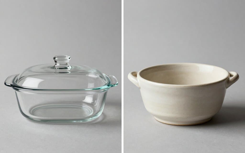 Comparison of vintage Pyroceram CorningWare next to a modern stoneware lookalike