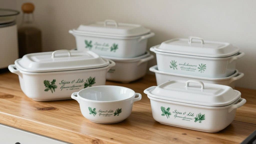 Vintage La Marjolaine CorningWare Spice O' Life casserole dishes on a kitchen counter