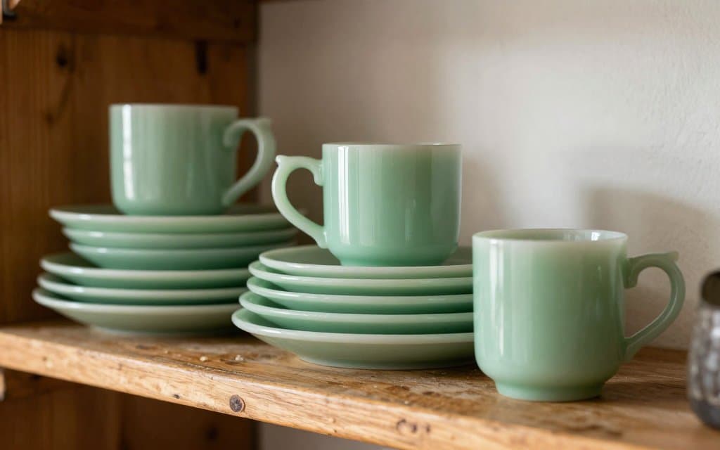 Vintage jadeite mugs and plates stacked on a wooden kitchen shelf