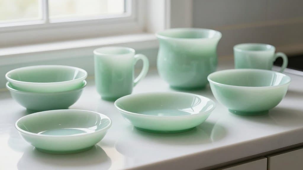 Vintage Fire King jadeite dishes and mugs in jade green grouped on a kitchen counter