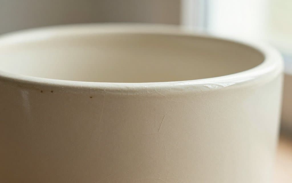 Macro of a vintage McCoy pottery base mark and fine crazing used to identify the piece