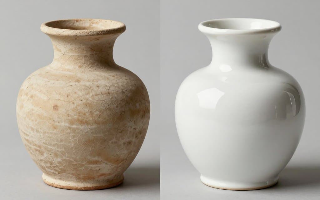 Comparison of a genuine McCoy pottery base and a bright reproduction base side by side