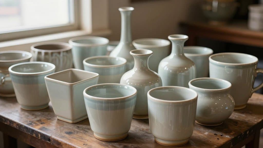 Vintage McCoy pottery planters and vases in pastel glazes on a thrift store table