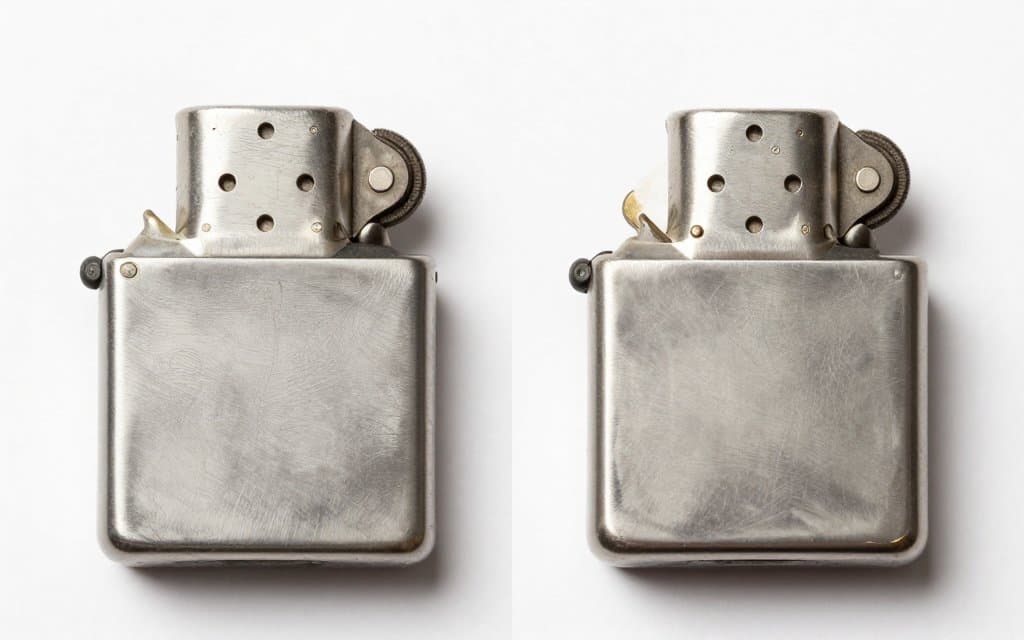 Two Zippo lighter bases compared, one with dots and one with a letter and year date code.