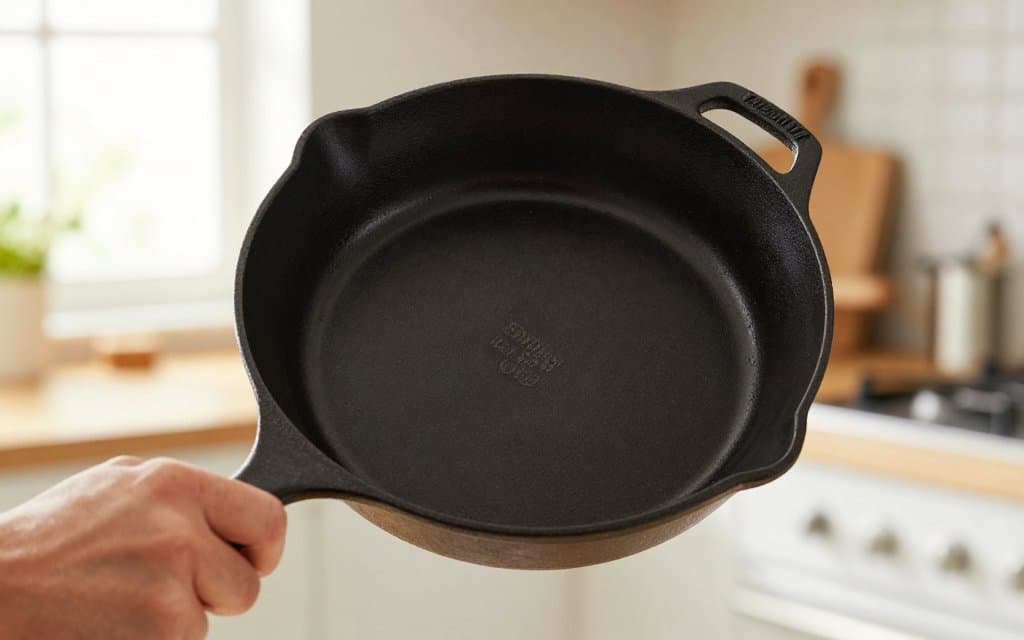 Hands showing the Sidney O mark on the bottom of a Wagner iron skillet