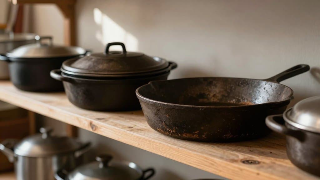 Vintage iron skillet sitting on a thrift store shelf among old cookware