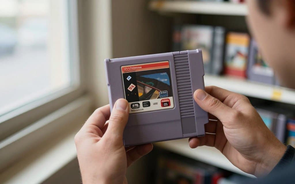 Hands checking a loose NES cartridge to judge nes game value in a thrift aisle