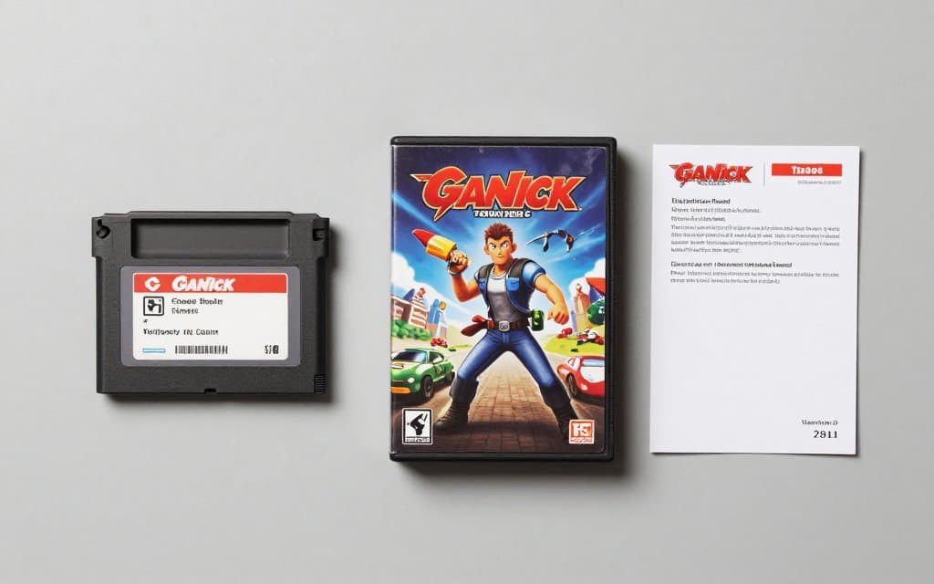 A loose cartridge next to its complete box and manual showing the value difference