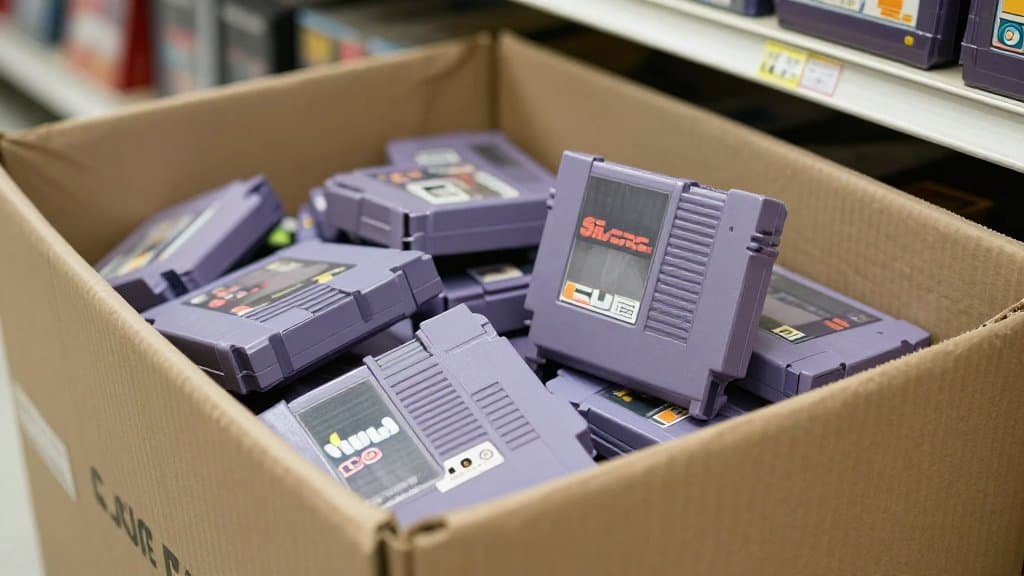 A thrift store bin of loose NES and SNES cartridges where nes game value is easy to overlook