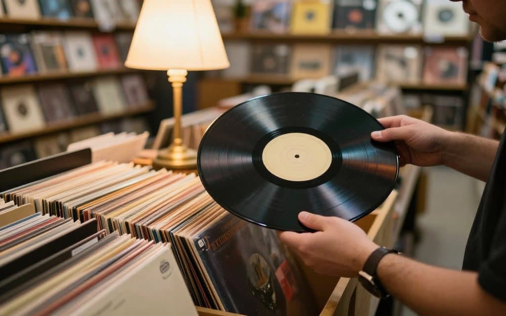 Hands checking old records worth money under a lamp at a thrift store