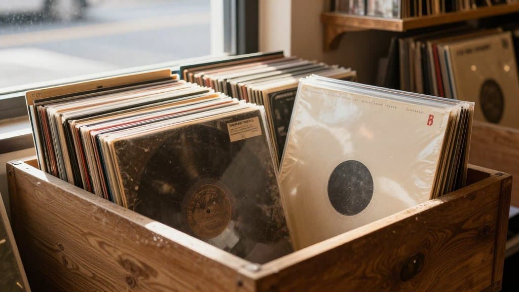 Bin of valuable vinyl records fanned out in a thrift store under warm light