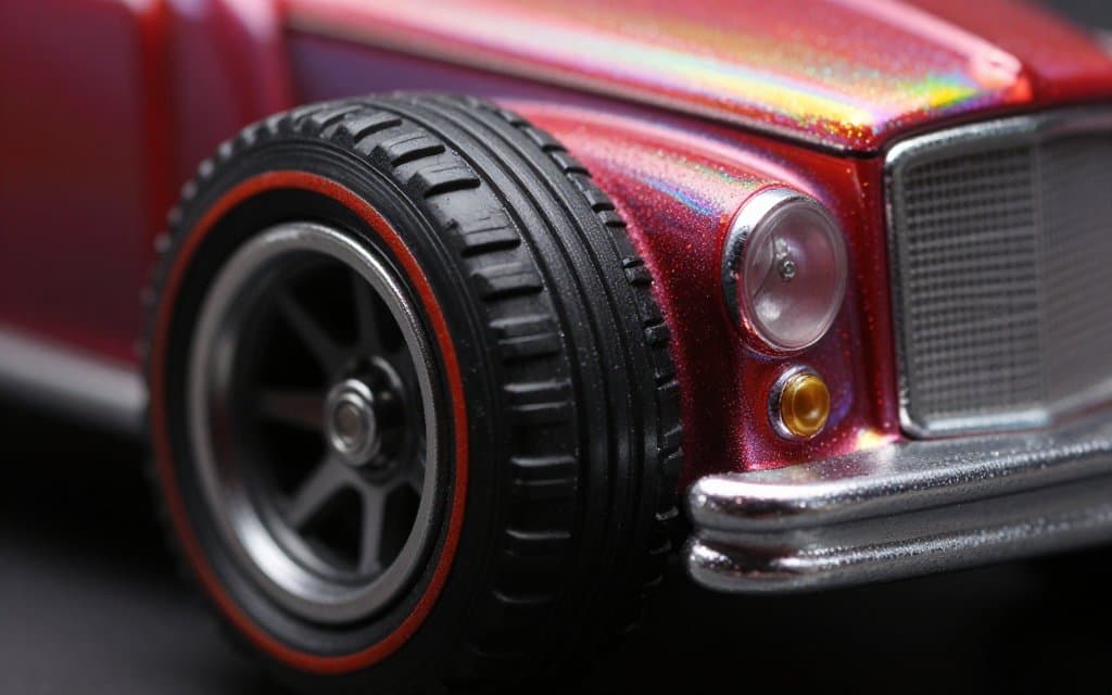 Macro close up of a redline Hot Wheels tire stripe and spectraflame paint