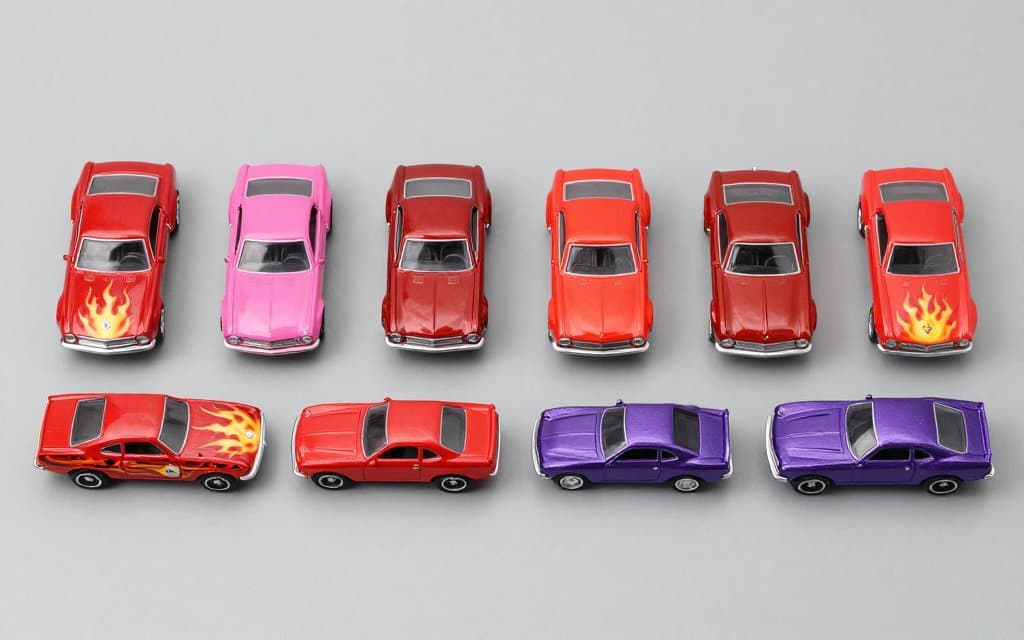 Top down flat lay of the most valuable Hot Wheels redline cars in a row