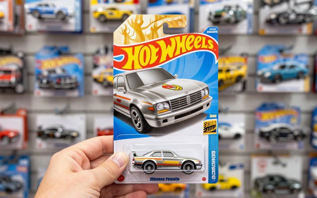 Hand holding a carded Hot Wheels Super Treasure Hunt at a store peg