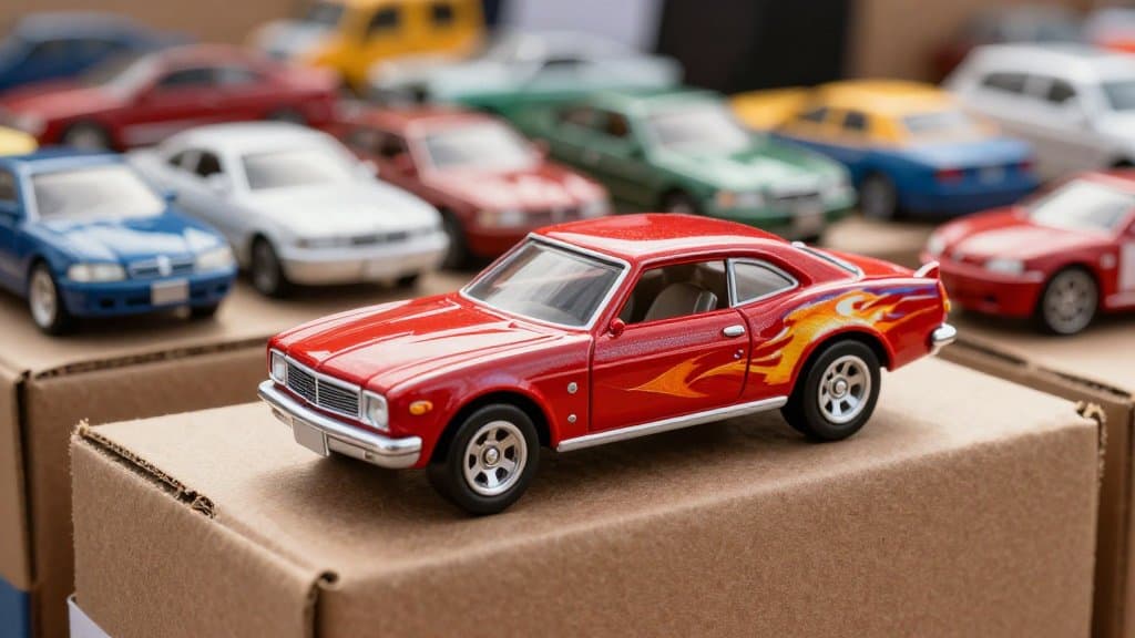 Vintage redline Hot Wheels car sitting in a garage sale toy box of diecast cars