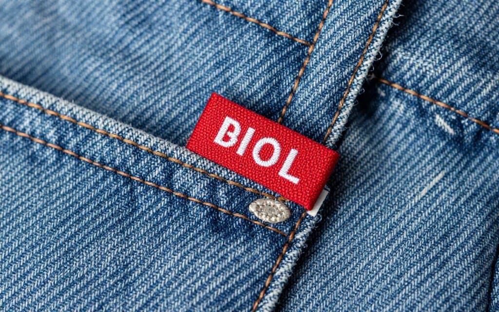 Macro of a red tab on vintage Levis showing a woven capital E