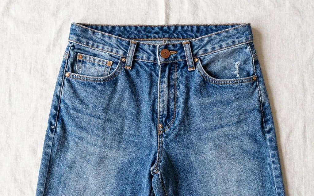 Top down view of vintage Levis back pockets, rivets and button