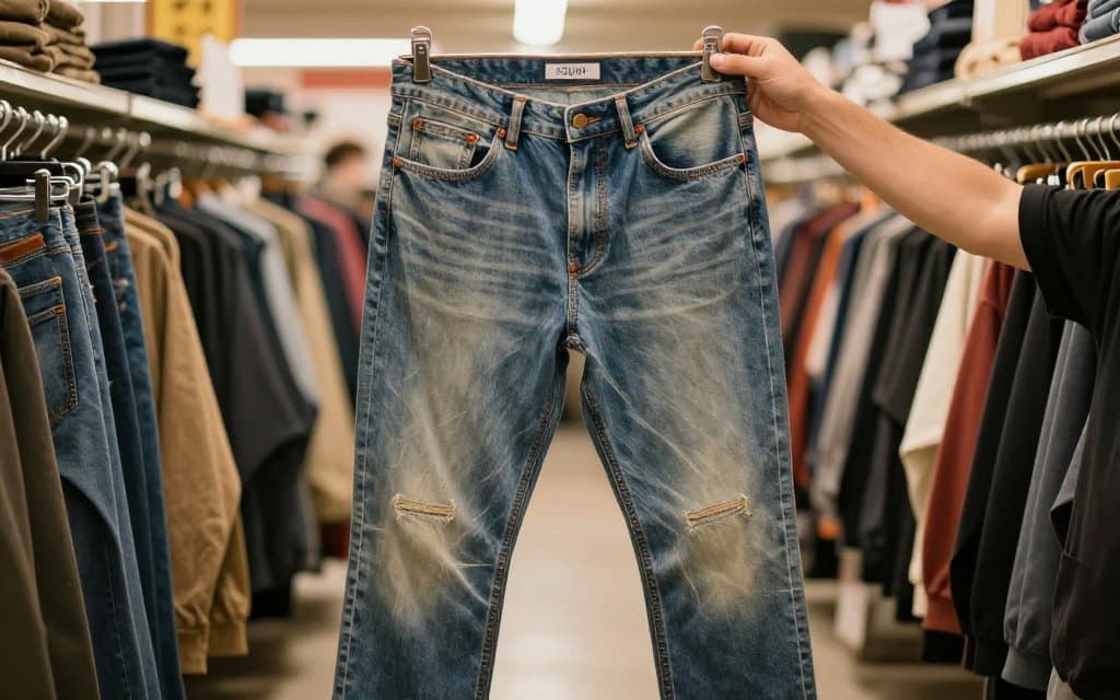 Hands holding faded vintage Levis 501 jeans in a thrift store
