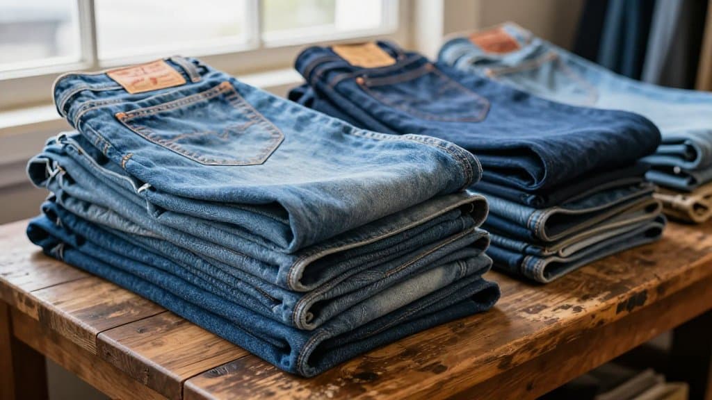 Folded stack of vintage Levis jeans on a wooden thrift store table