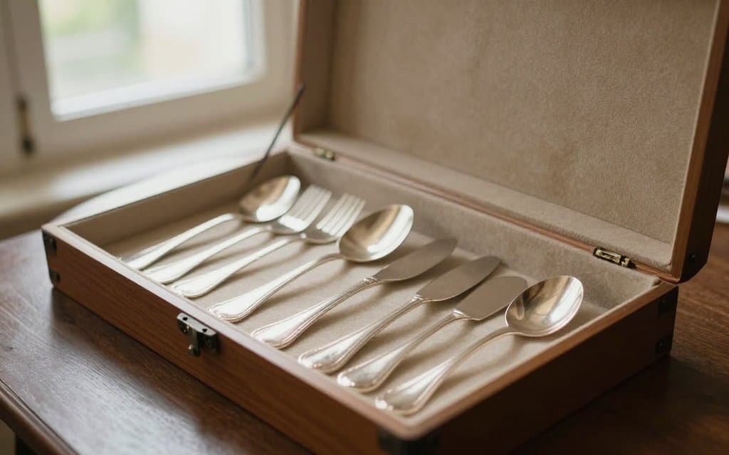 A full sterling silverware set laid out in a canteen box on a table