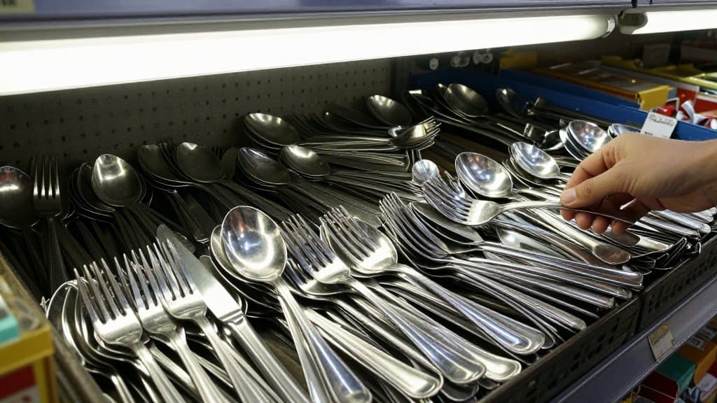 Sterling silverware and plated flatware piled in a thrift store bin