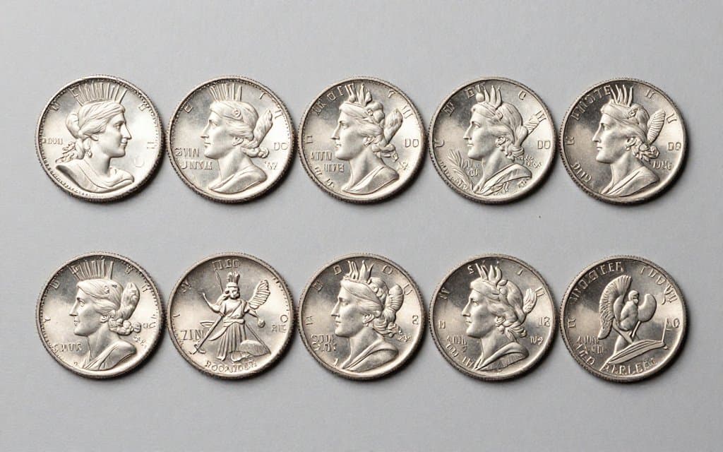 A top-down row of Peace silver dollars arranged by date, showing how date and condition change value