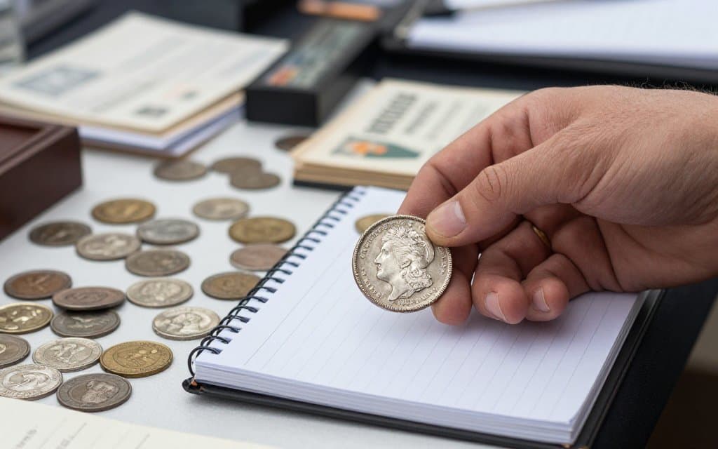 A hand inspecting a Morgan silver dollar at an estate sale table while weighing its resale value