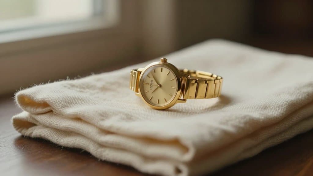 A vintage gold filled Bulova ladies watch resting on cream linen in warm light