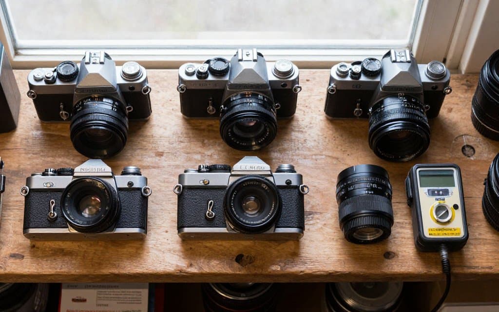 A top down flat lay of several old film cameras and lenses on a thrift store shelf