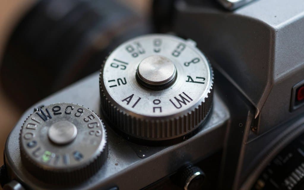 Macro close up of a vintage SLR film camera lens and shutter speed dial