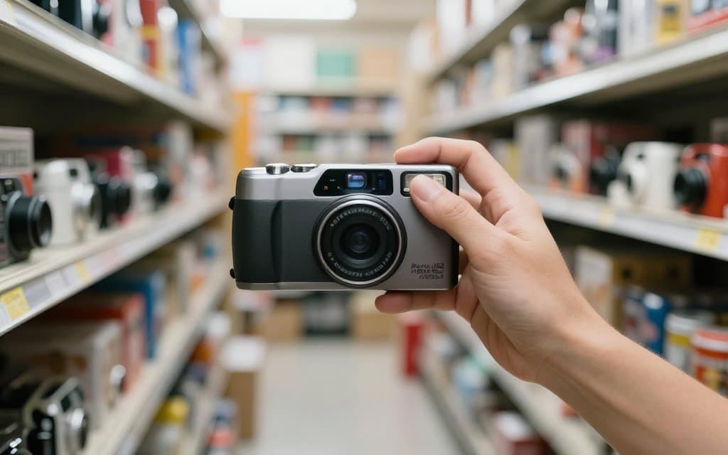 A hand holding a compact point and shoot film camera in a thrift store aisle