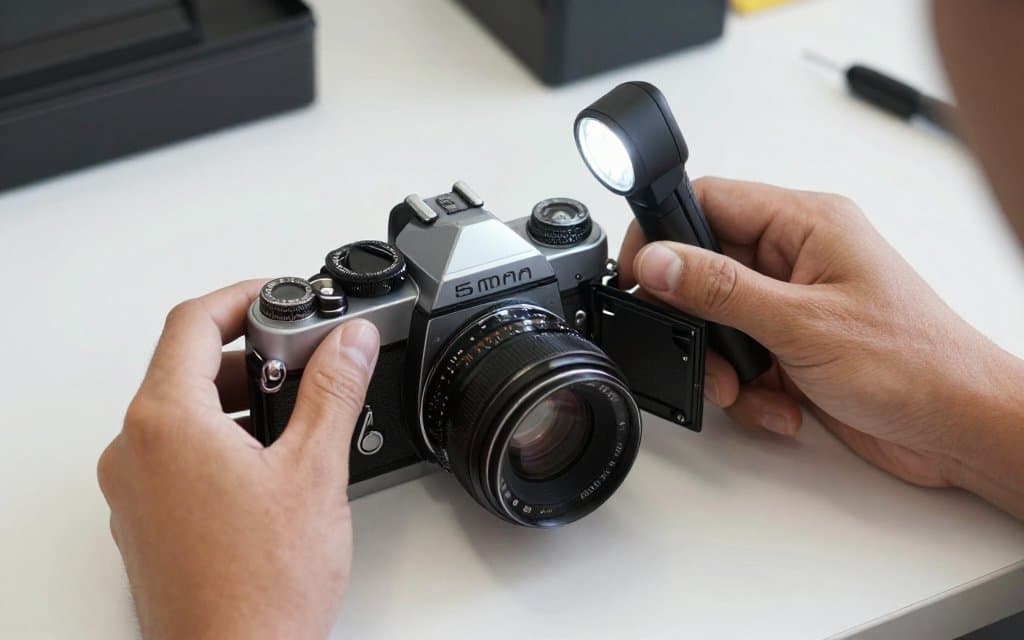 Inspecting a 35mm film camera light seals and lens with a small flashlight