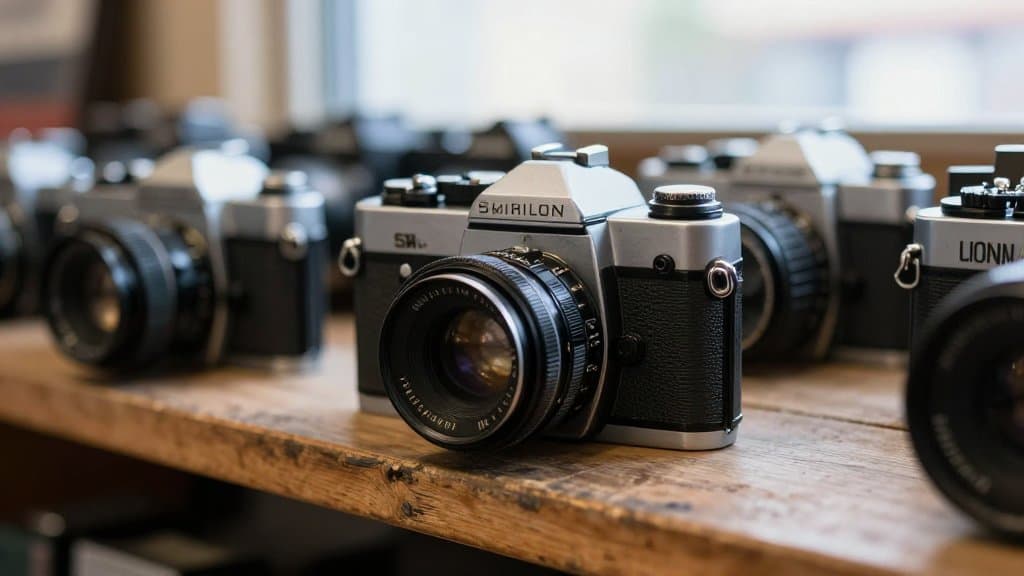An old film camera, a silver and black 35mm SLR, sitting on a wooden thrift store shelf among secondhand cameras