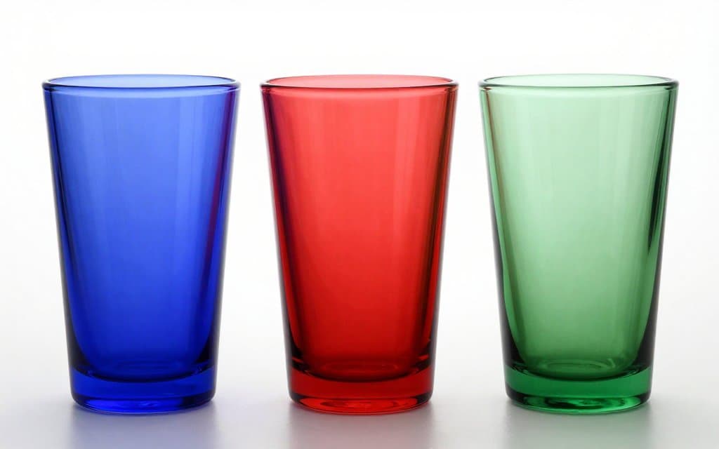 Comparison of cobalt, red and green depression glass tumblers showing color value