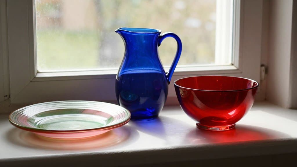 Cobalt, ruby, pink and green depression glass on a sunlit windowsill showing how color drives value