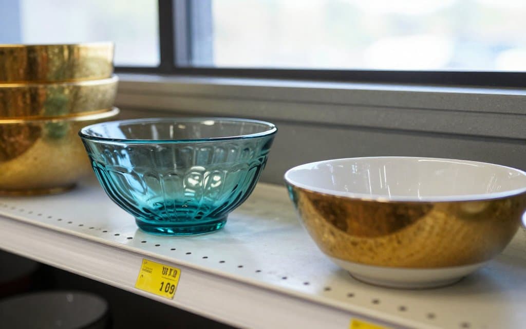 A rare turquoise vintage Pyrex bowl beside common patterns on a thrift store shelf for comparison