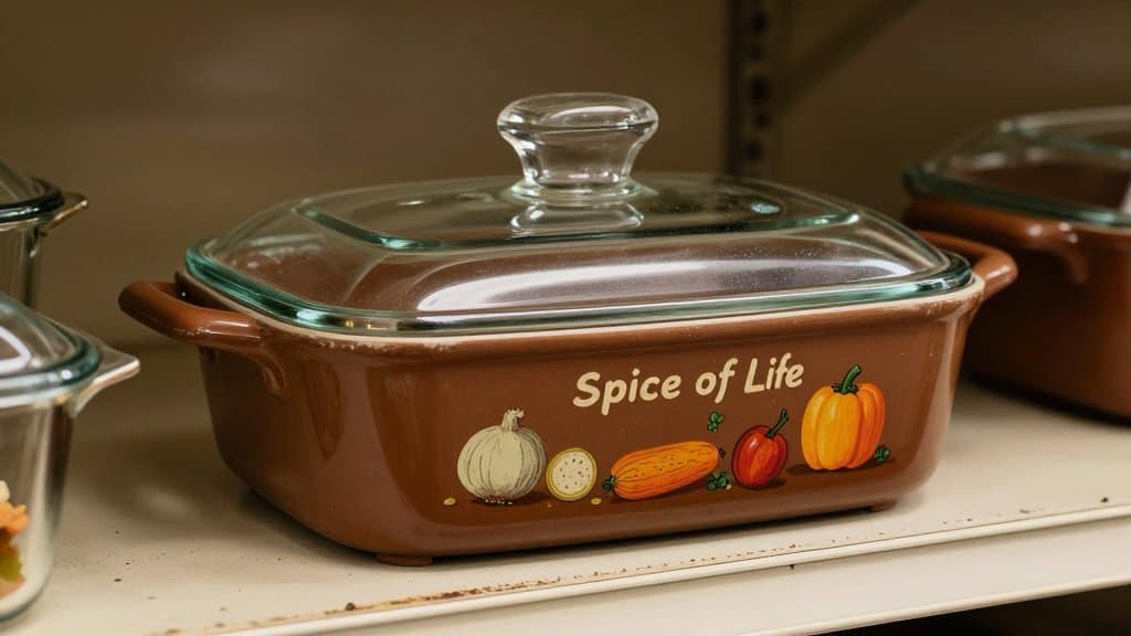 A vintage Spice of Life CorningWare casserole with a clear Pyrex lid sitting on a thrift store shelf
