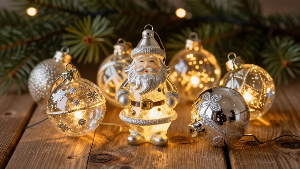 Vintage glass Santa ornaments and mercury glass bulbs on a wooden table