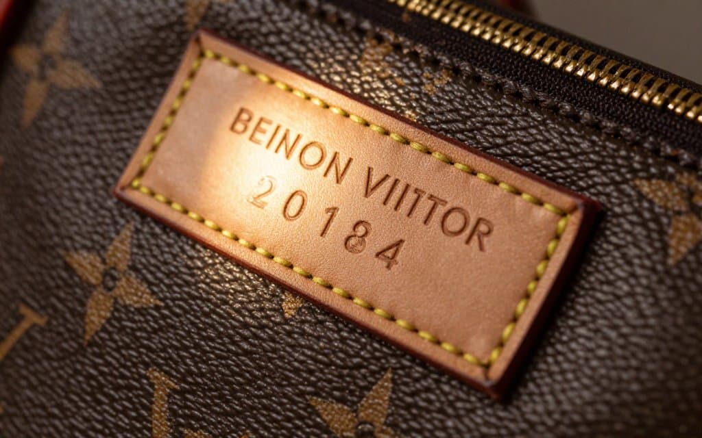 Close-up of a Louis Vuitton date code pressed into a leather tab inside a vintage monogram bag pocket