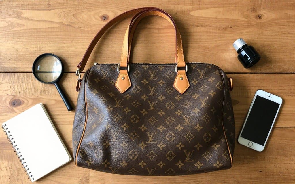 Flat lay of a vintage monogram bag with a loupe and flashlight used to check a Louis Vuitton date code