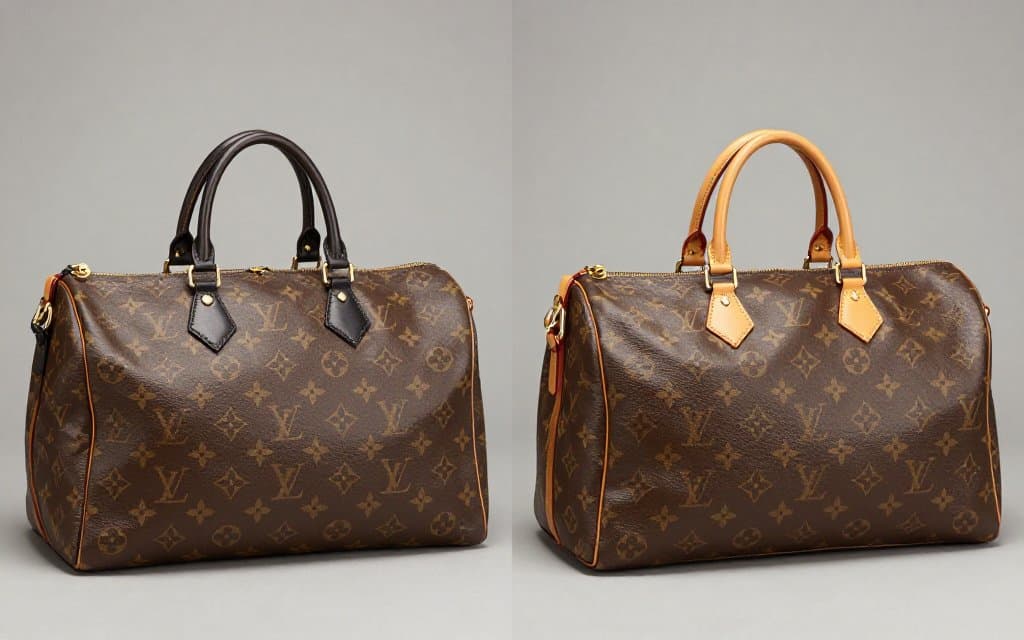 Two vintage monogram bags compared by handle patina, showing condition differences that affect resale after a Louis Vuitton date code check
