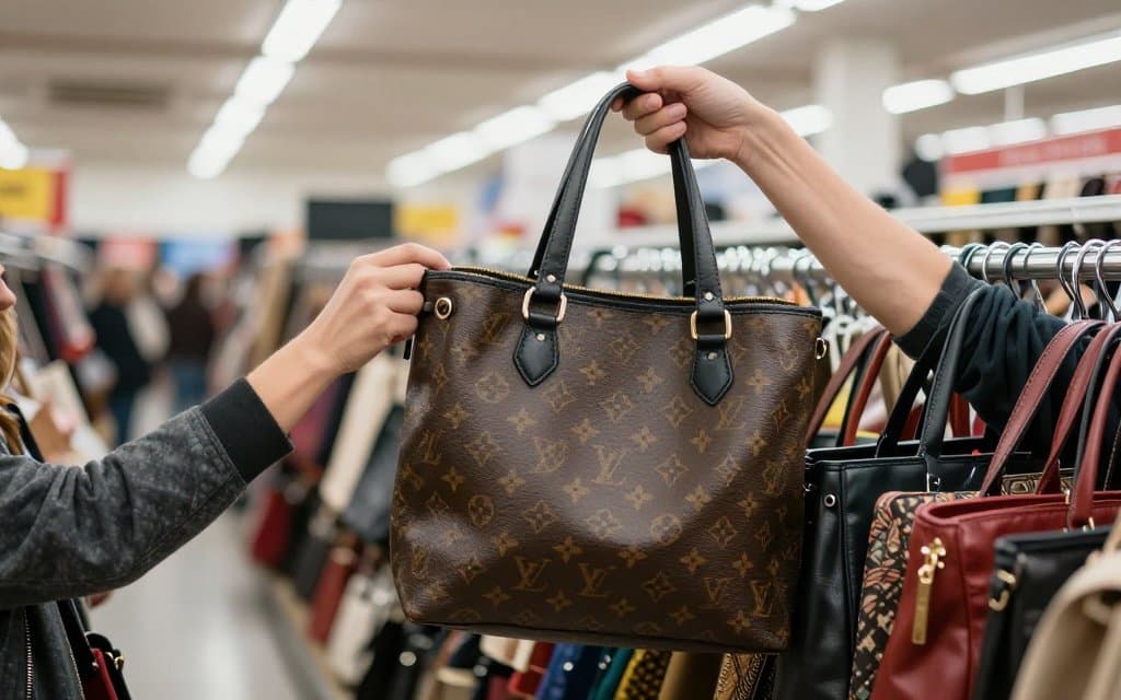 Shopper pulling a monogram tote from a thrift store rack to look for a Louis Vuitton date code inside