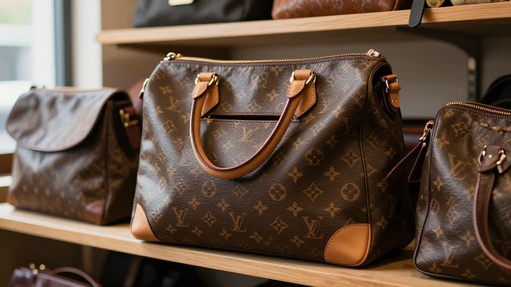 Vintage monogram handbag on a thrift store shelf with its pocket open to show the Louis Vuitton date code tab