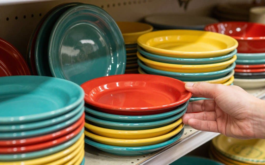 Thrift store shelf of colorful vintage Fiesta dishes with a shopper reaching for a radioactive Fiestaware red plate