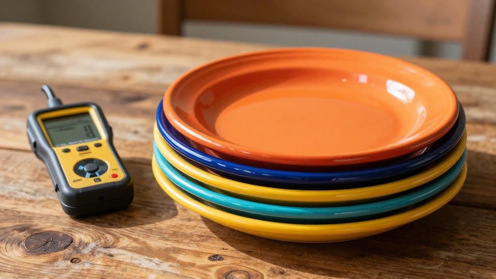 Stack of vintage radioactive Fiestaware plates in red, cobalt, turquoise and yellow beside a handheld radiation counter