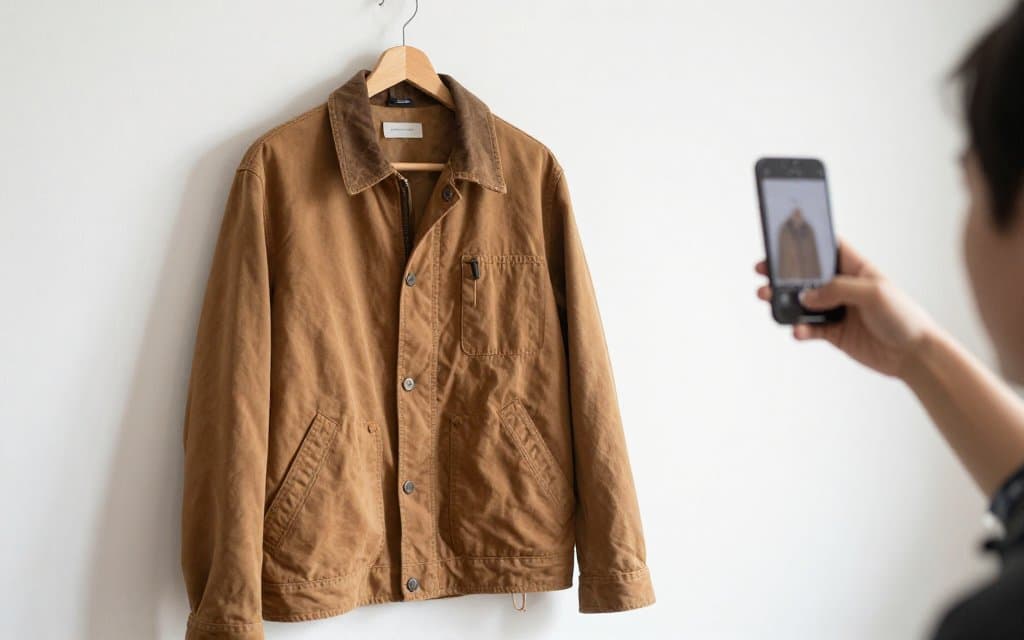 Reseller photographing a used vintage Carhartt jacket for an online listing