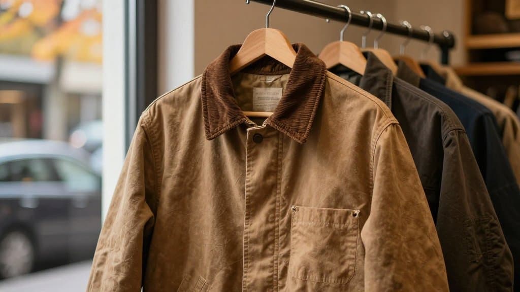 A faded vintage canvas work jacket next to a newer Carhartt WIP Detroit jacket on a thrift store rack